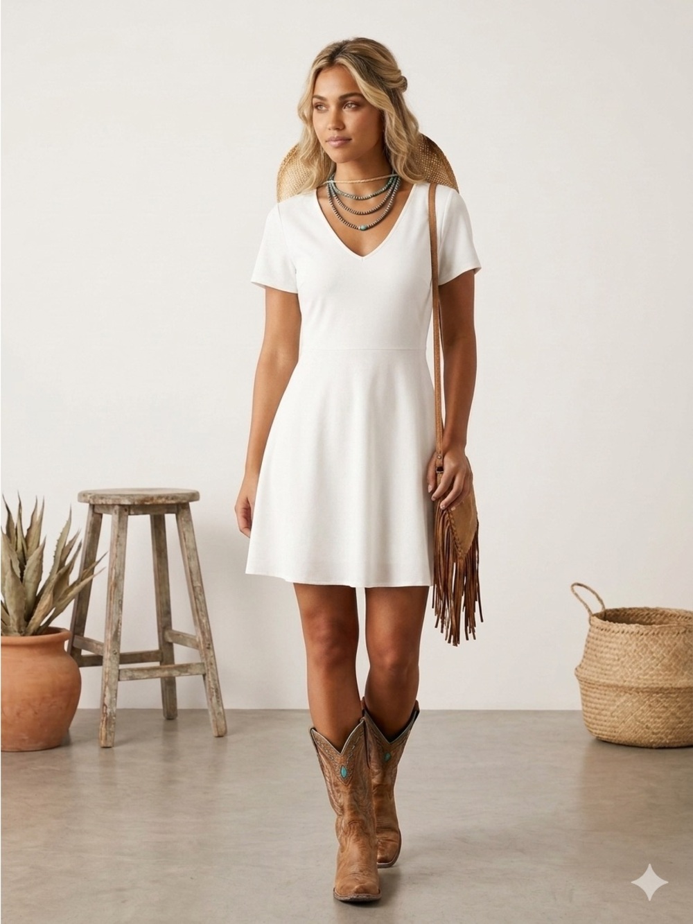 Authentic Altar'd State Coastal Cowgirl Hoho Vibe White V-Neck  Dress  Small